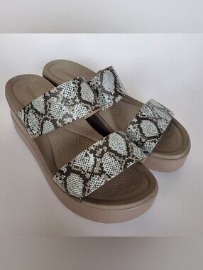 Crocs Literide Brooklyn Wedge Snakeskin Sandals Slip On Shoes Womans Size 9 Heel
